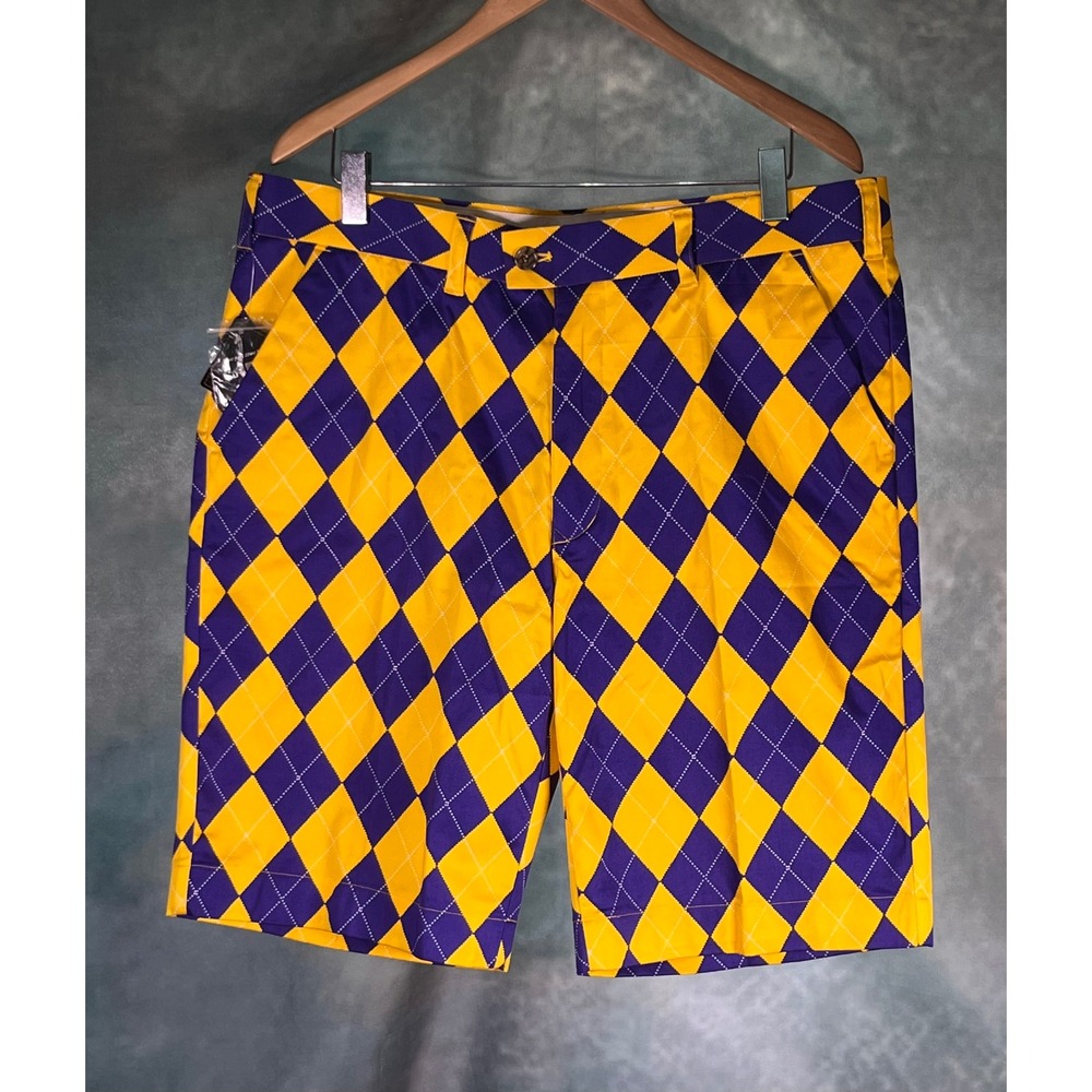 Loudmouth Golf Mens Purple Yellow Argyle Shorts Size 38 NWT